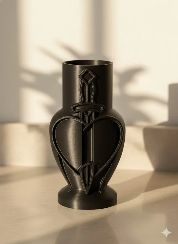 Vase, pot décoratif – Cœur transpercé par une dague style gothique.