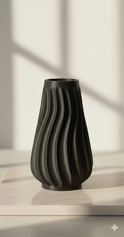 Vase, pot décoratif – Design moderne noir mat à rainures ondulées