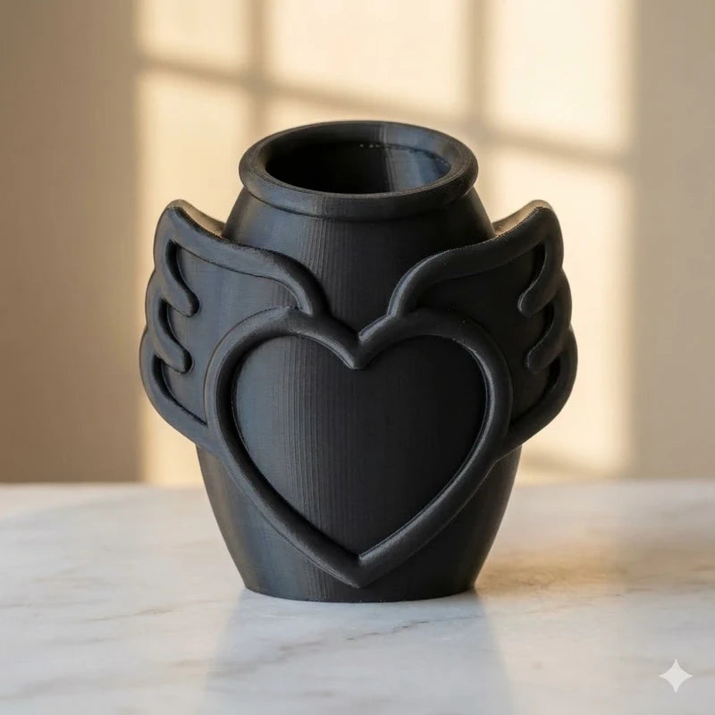 Vase, pot décoratif – Cœur ailé noir style gothique
