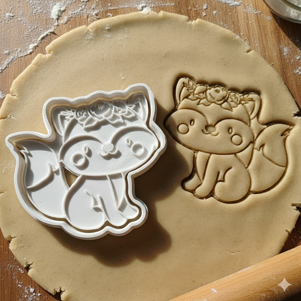Emporte-pièce Renard Kawaii avec Fleurs - Découpoir Biscuit Pâtisserie