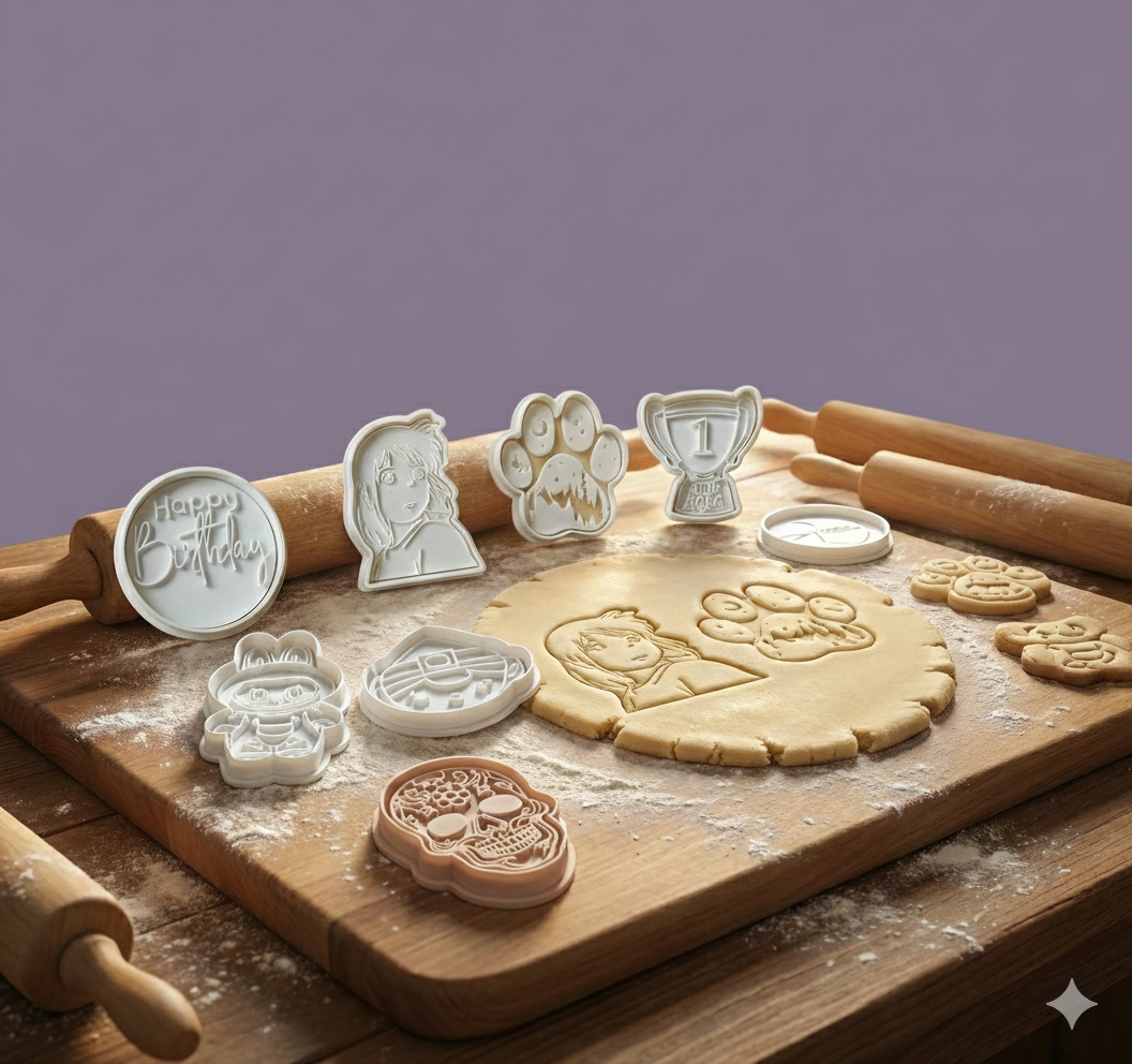 Emporte-pièces à biscuits personnalisés posés sur pâte sablée avec rouleau à pâtisserie